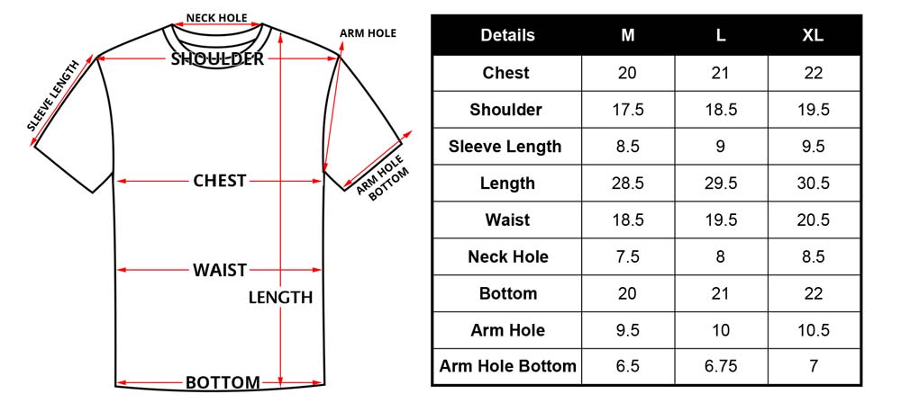 WINGS Tees T shirts Size Chart