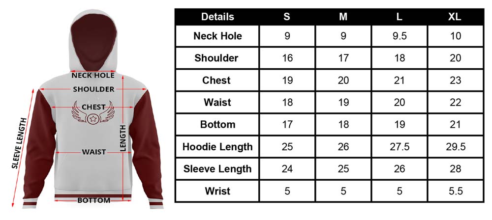 WINGS Tees hoodie Size Chart